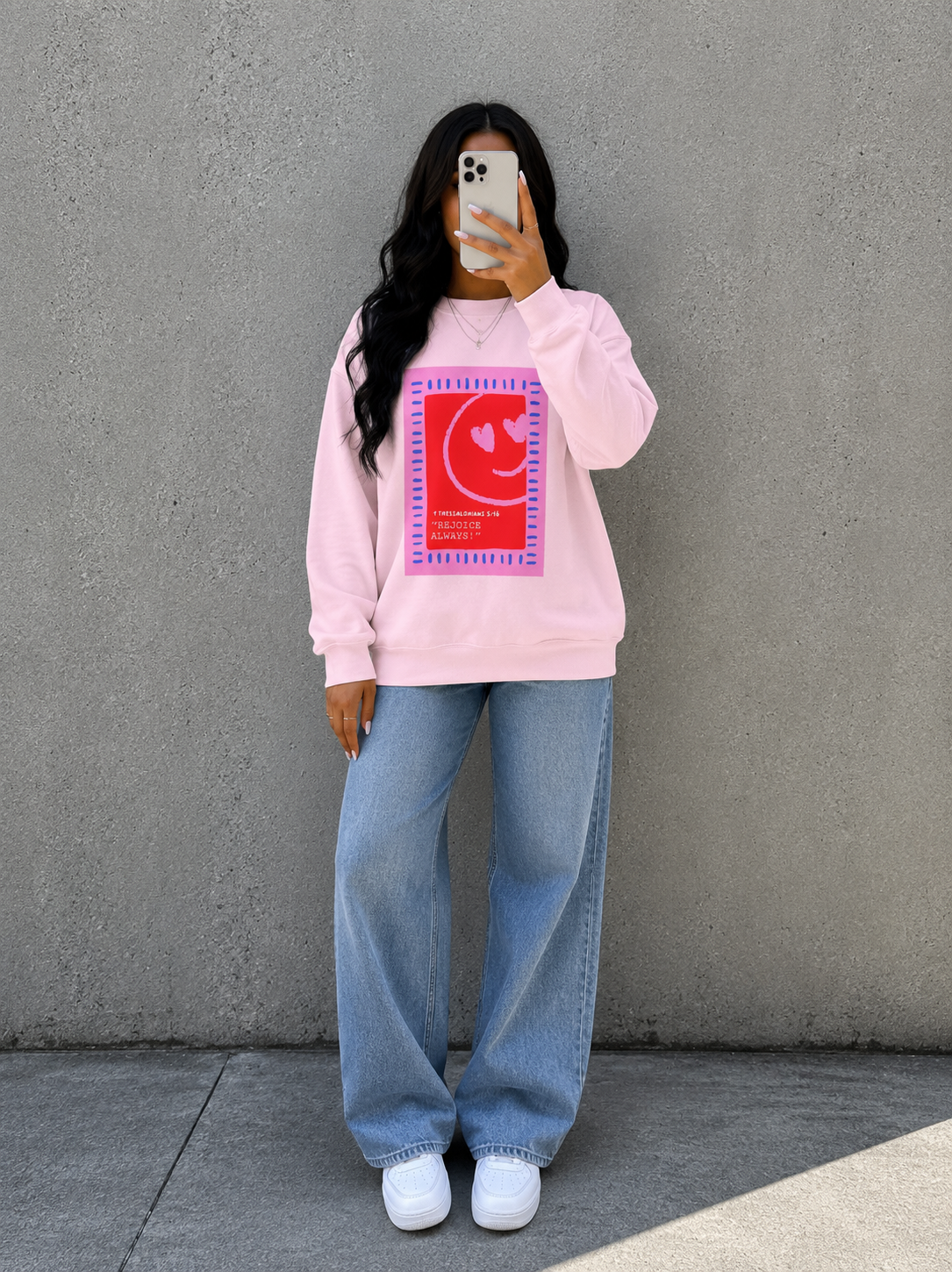 REJOICE ALWAYS Christian Crewneck Sweatshirt | 1 Thessalonians 5:16 Faith Graphic Pullover