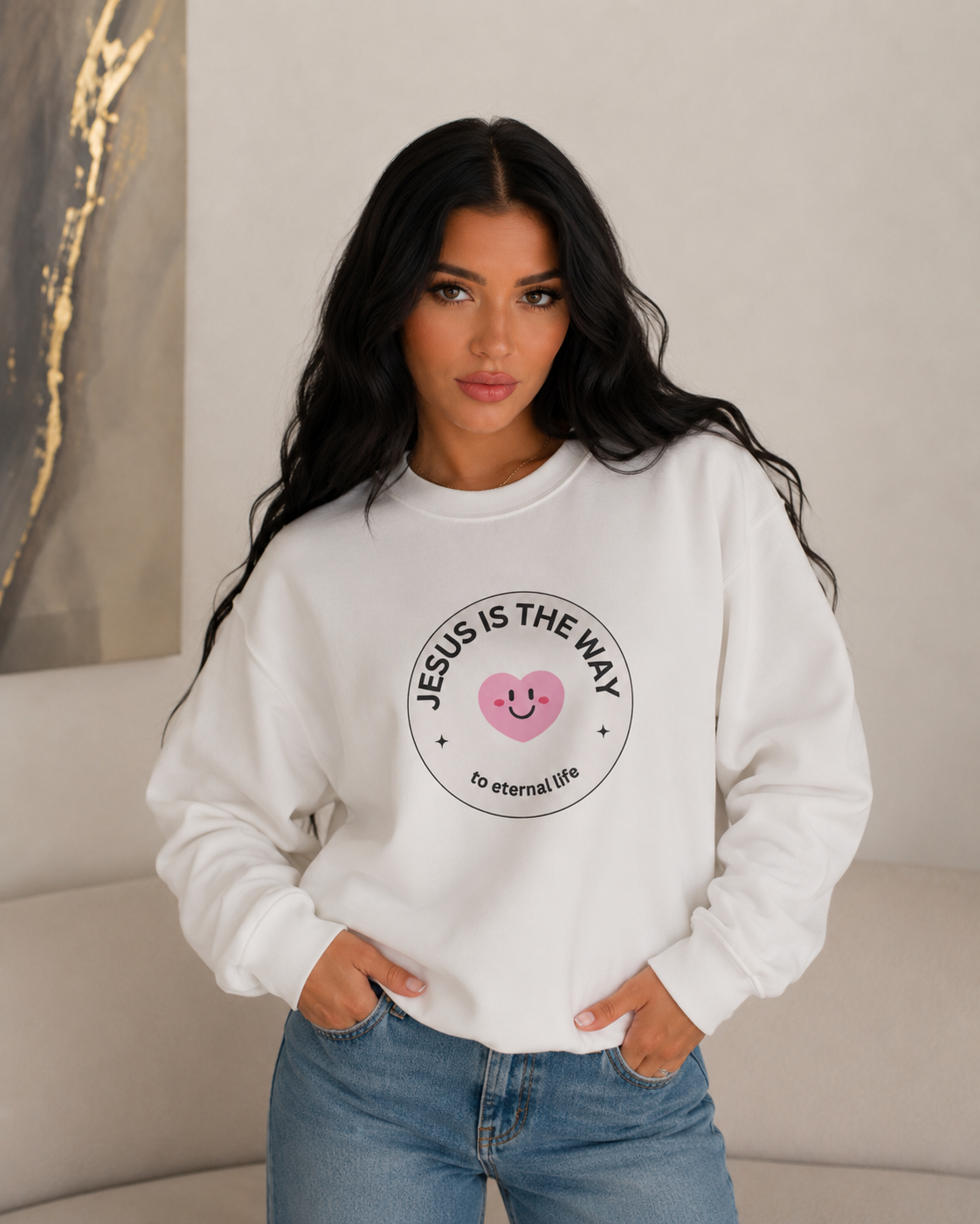 "JESUS IS THE WAY" SMILEY CREST CREWNECK
